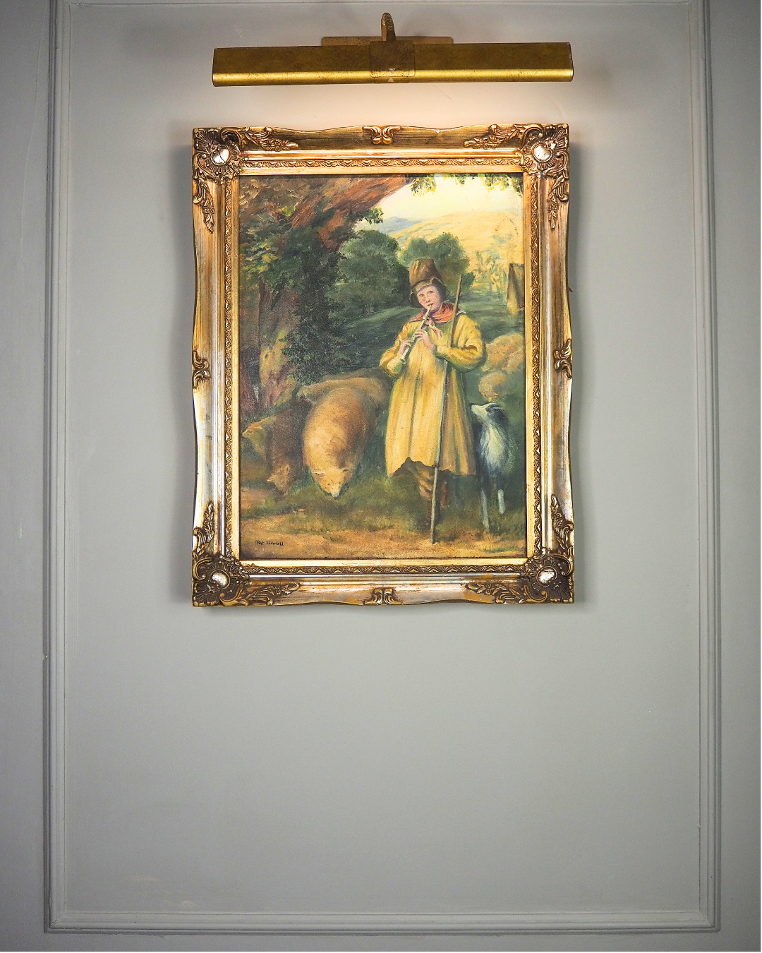 Vintage Oil Painting “Shepherd Boy Playing a Flute” Signed Pat Linnell | c.1937–40