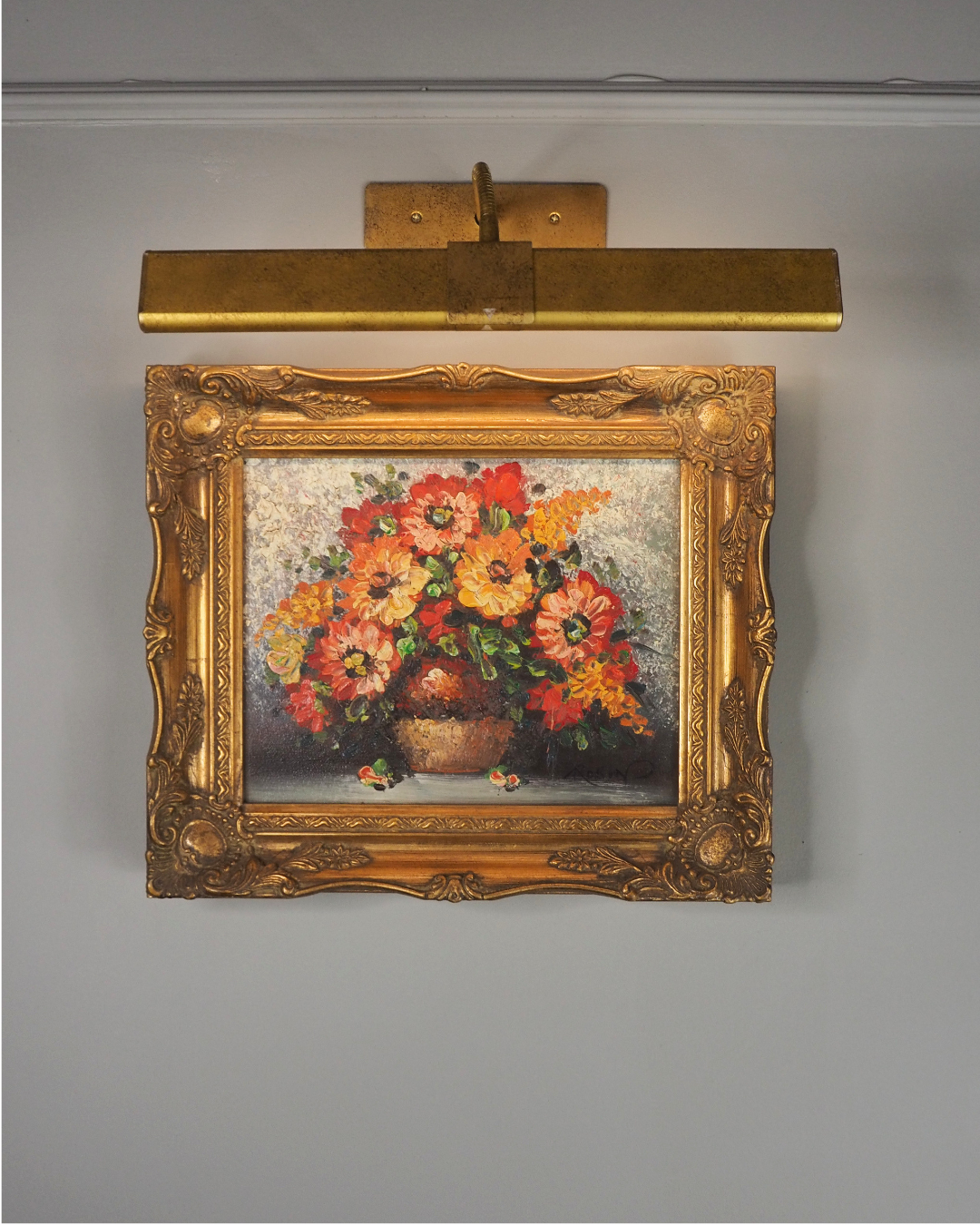 Mid-Century Heavy Brushwork Floral Oil Painting in Ornate Frame