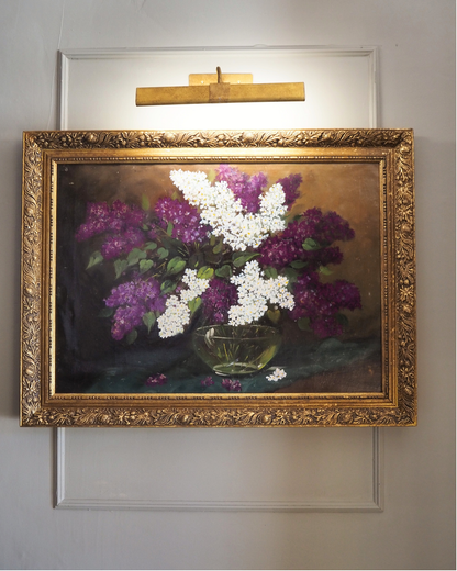Large Imported Hungarian Oil Painting of Lilac in Ornate Gold Gilt Frame