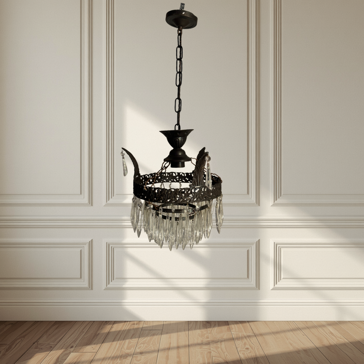 Vintage French Crystal Chandelier 1950s | Antique Cast Iron 2 Tier Lighting | Crystal Drop Fixture