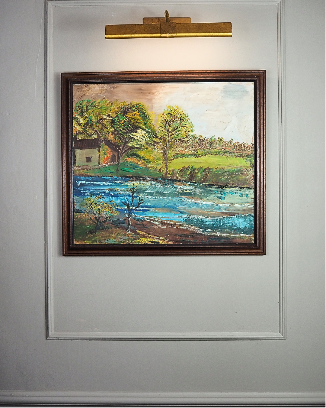 Peaceful River & Cabin Landscape- Vintage Rustic Oil Painting