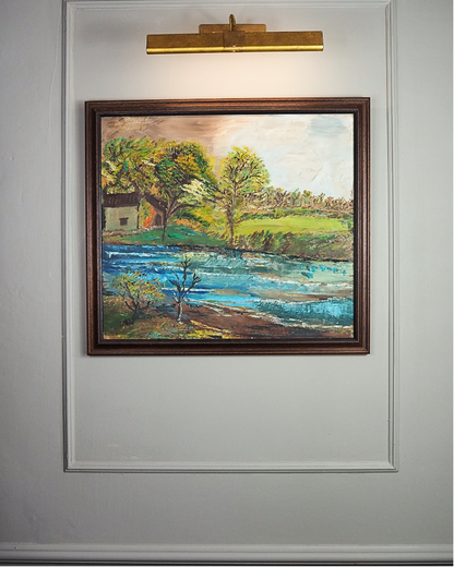 Peaceful River & Cabin Landscape- Vintage Rustic Oil Painting