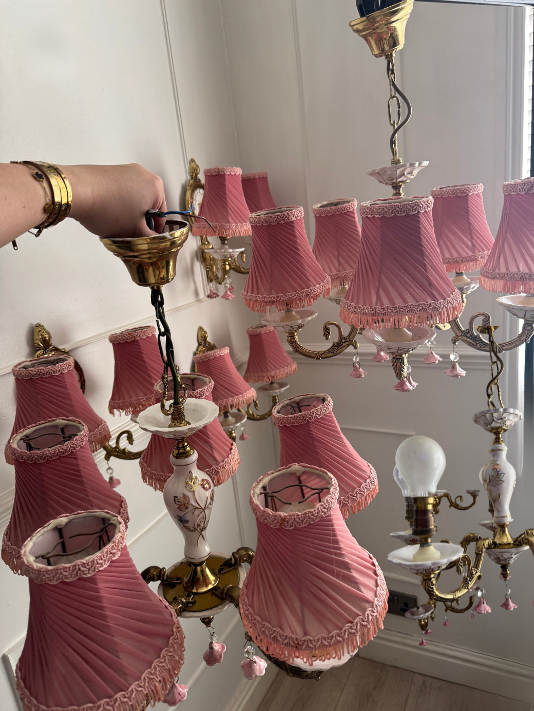 Vintage Capodimonte Chandelier , Wall Lights – Pink Floral Ceramic & Gilt Brass Lighting