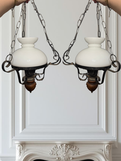 Antique Cast Iron Mid-Century Country Lantern Lights with White Opaque Glass – English Manor Style (Matching Pair)