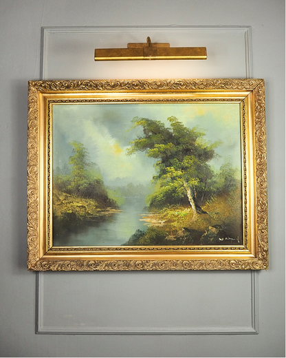 Vintage Mid Century Riverscape Oil Painting in Ornate Gold Rococo Frame