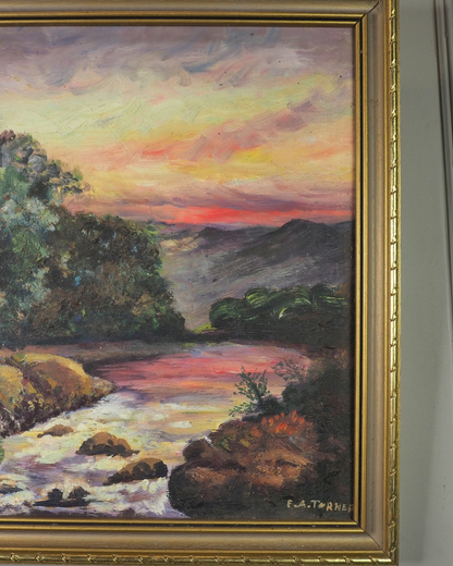 Vintage Medieval Castle River Scene Oil Painting by F.A. Turner