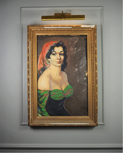 Vintage Gypsy Girl Portrait Oil Painting in Large Ornate Gold Frame