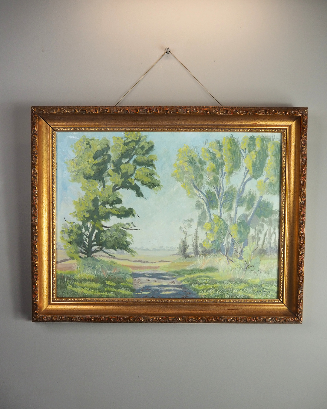 Vintage Landscape Oil Painting by H. W. Johnson (1988) – Gilt Thick Frame