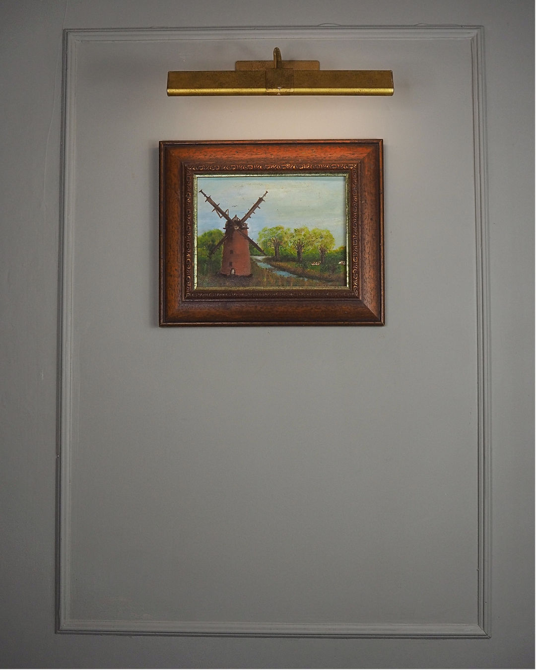 Vintage Oil Painting Windmill Landscape – Rural River Mill Scene