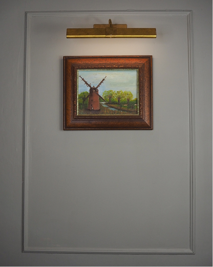 Vintage Oil Painting Windmill Landscape – Rural River Mill Scene