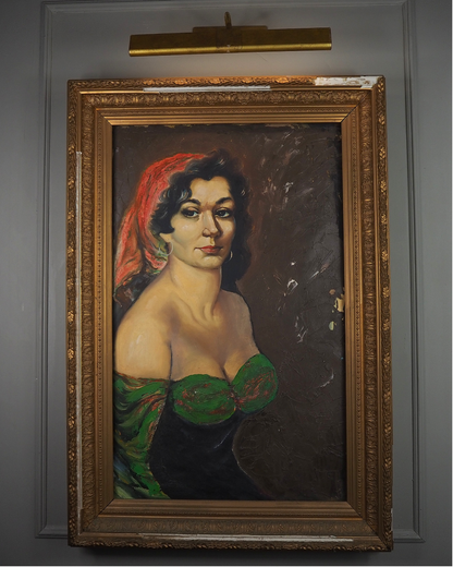 Vintage Gypsy Girl Portrait Oil Painting in Large Ornate Gold Frame