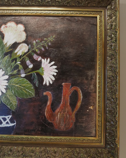Large Vintage Floral Oil Painting in Antique Gold Heavy Frame (72 × 57 cm)