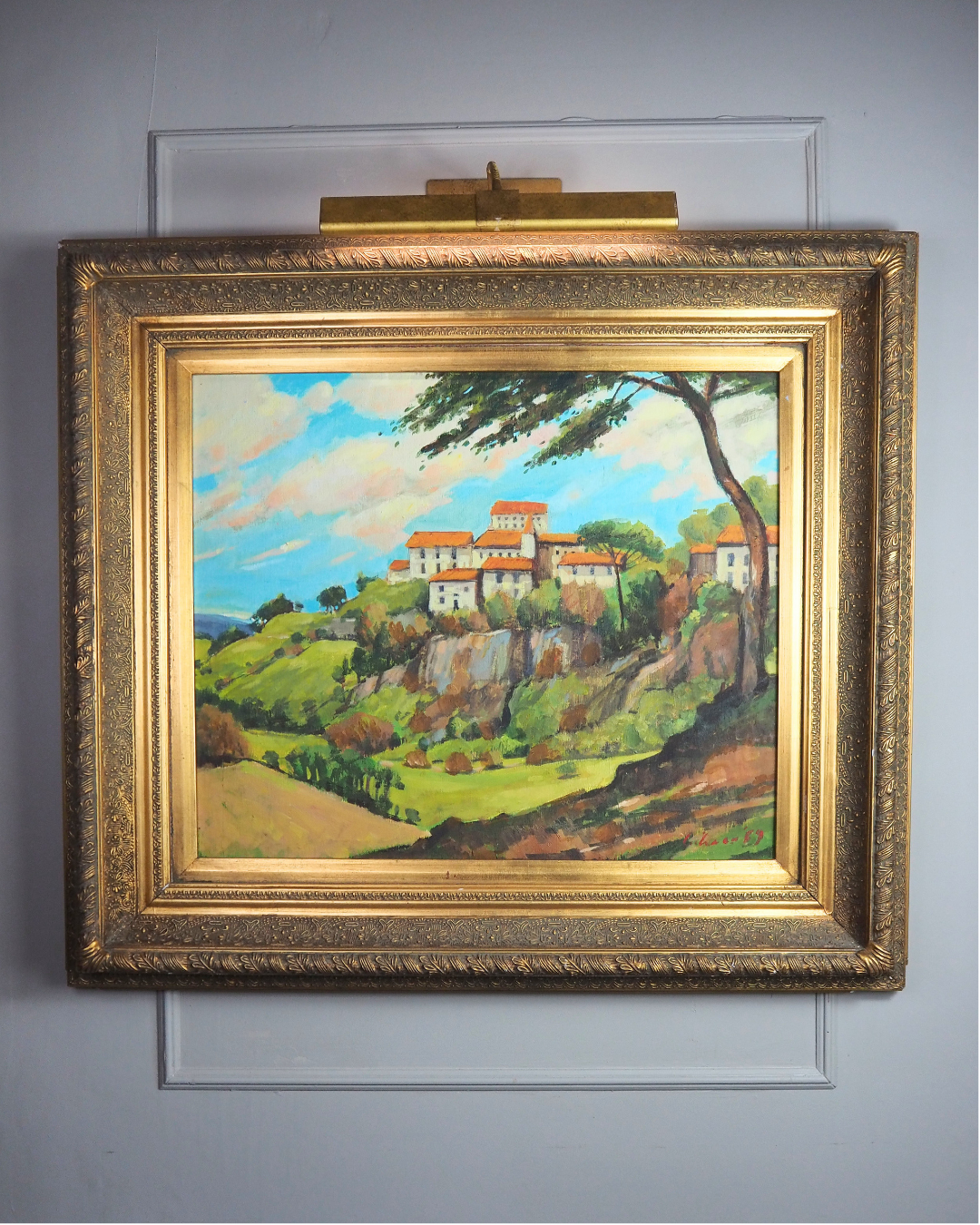 Large Vintage Oil Painting 1969 | Post-Impressionist Village Landscape Homeage  Paul Cézanne