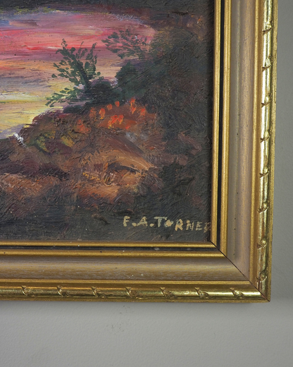 Vintage Medieval Castle River Scene Oil Painting by F.A. Turner