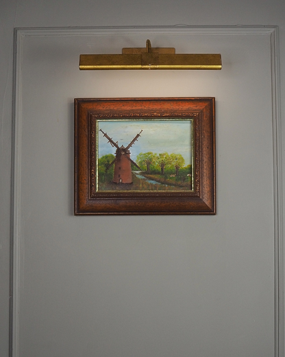 Vintage Oil Painting Windmill Landscape – Rural River Mill Scene