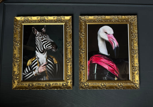 Vintage Inspired Gold Glazed Gilt Frame Set with Quirky Fun Prints