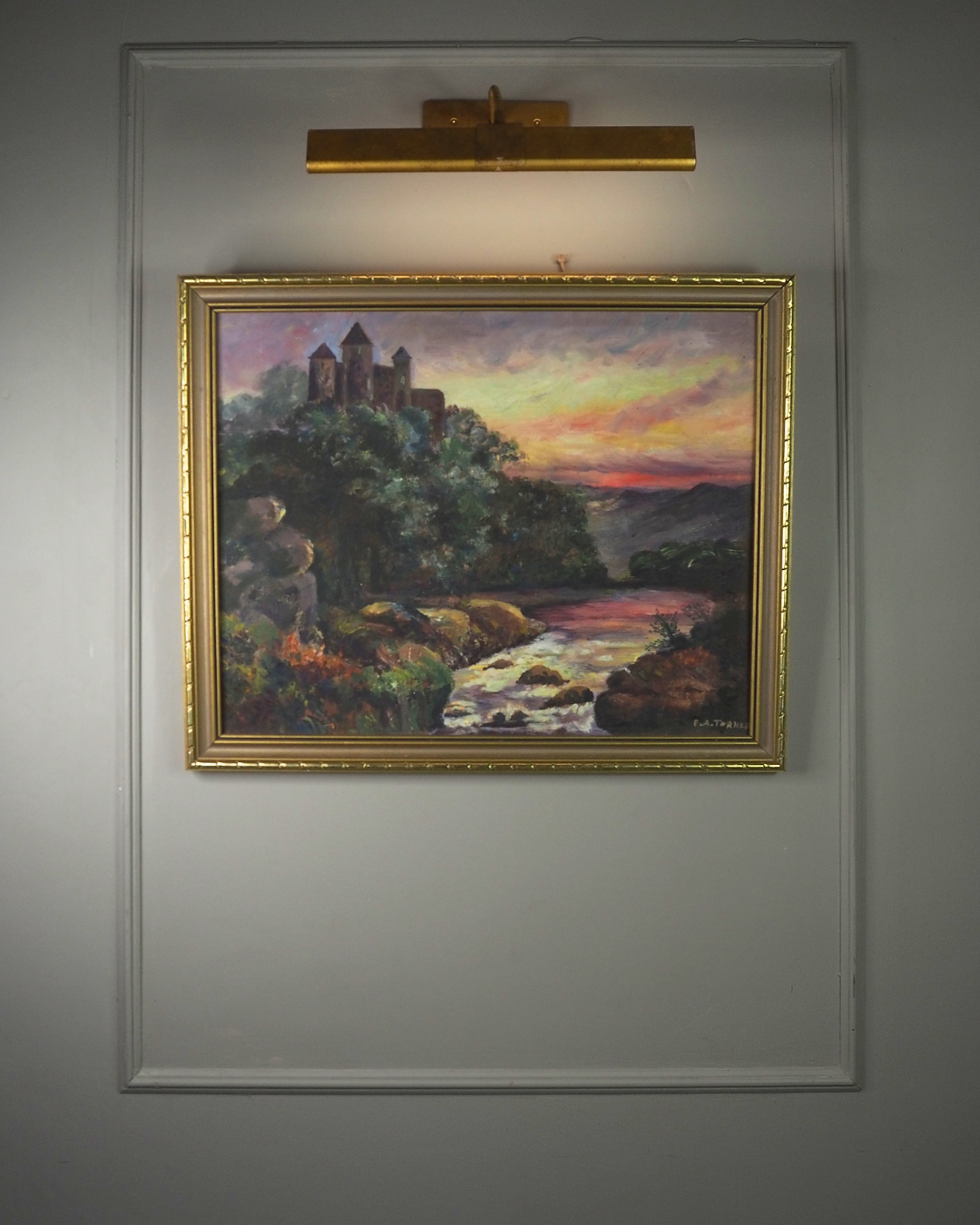 Vintage Medieval Castle River Scene Oil Painting by F.A. Turner