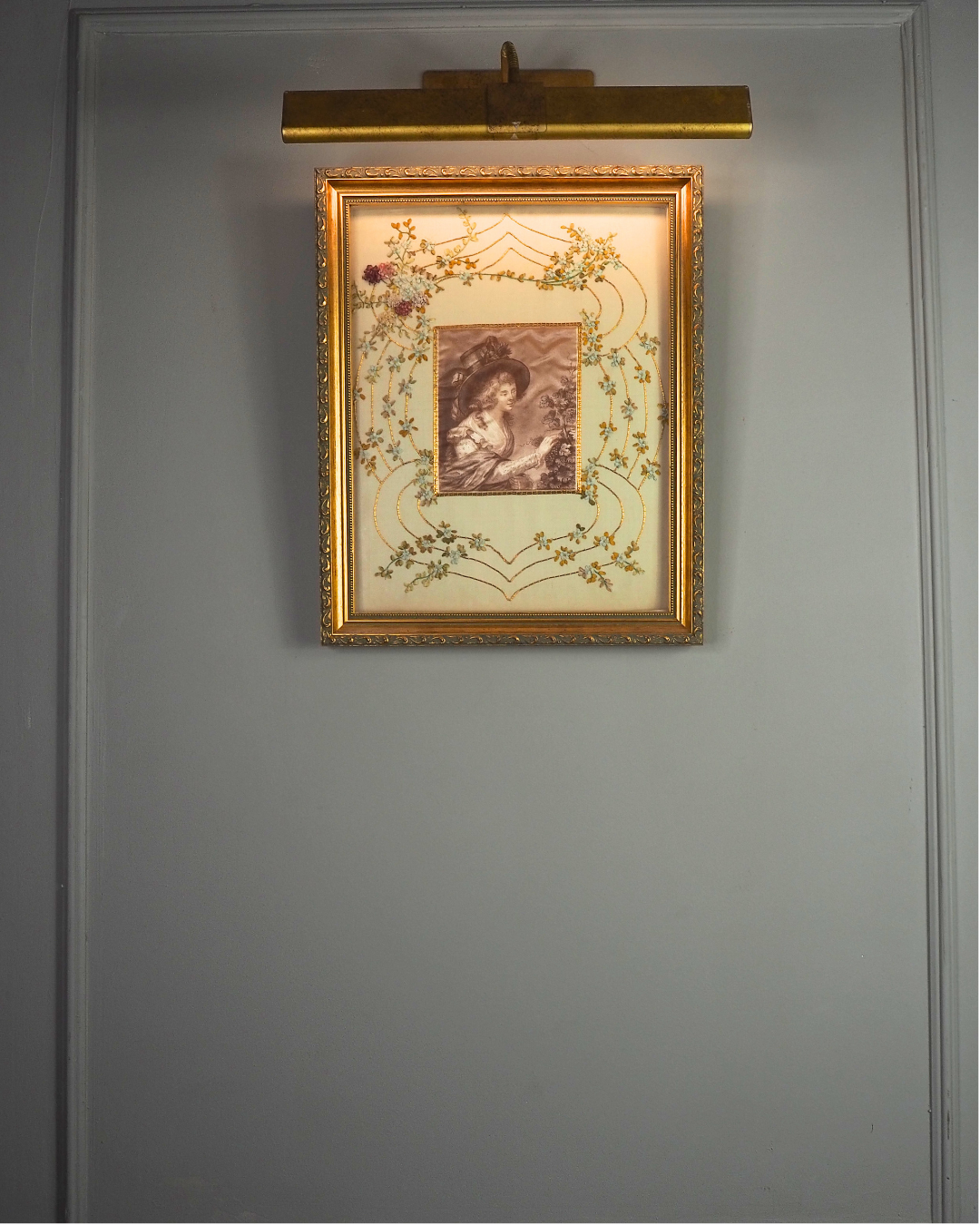 Antique Padded Silk-on-Silk Embroidery on Board in Ornate Gold Gilt Frame