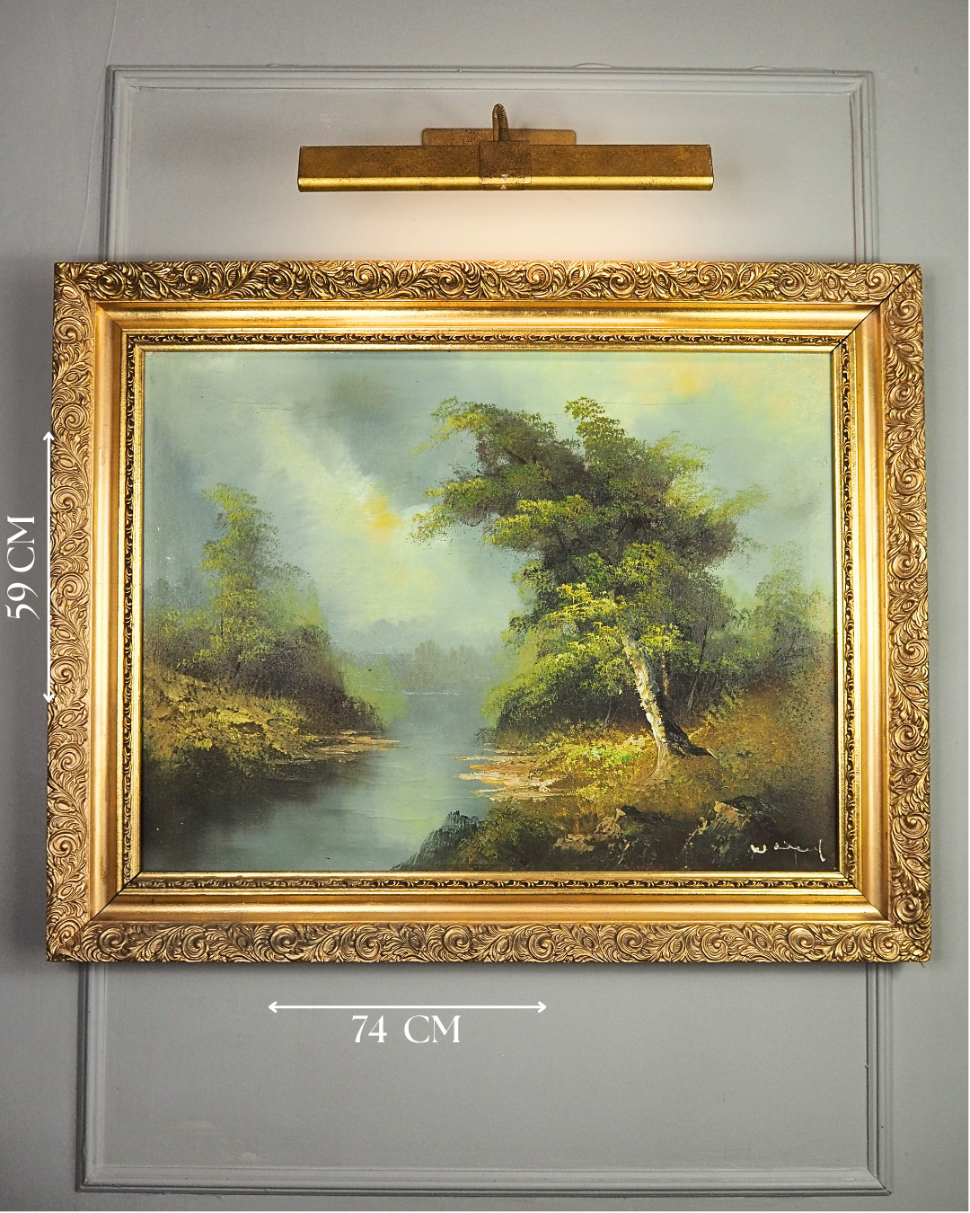 Vintage Mid Century Riverscape Oil Painting in Ornate Gold Rococo Frame