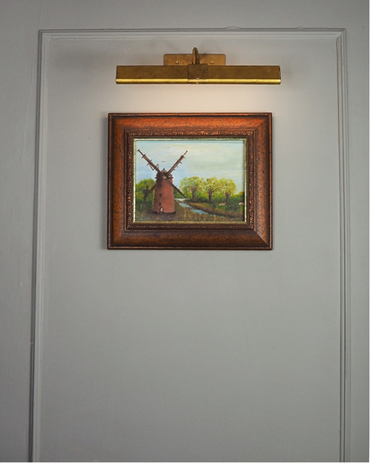 Vintage Oil Painting Windmill Landscape – Rural River Mill Scene