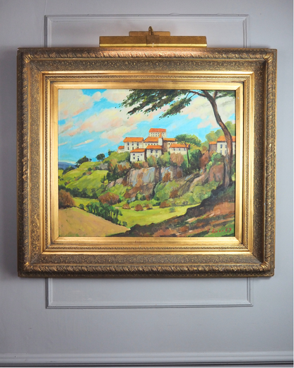 Large Vintage Oil Painting 1969 | Post-Impressionist Village Landscape Homeage  Paul Cézanne
