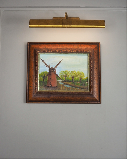 Vintage Oil Painting Windmill Landscape – Rural River Mill Scene