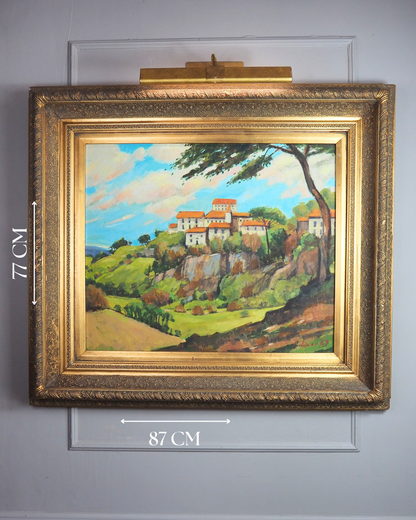 Large Vintage Oil Painting 1969 | Post-Impressionist Village Landscape Homeage  Paul Cézanne