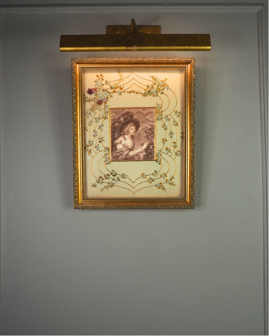 Antique Padded Silk-on-Silk Embroidery on Board in Ornate Gold Gilt Frame
