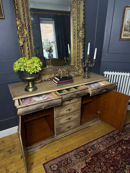 Vintage French-Inspired Upcycled Sideboard | Heavily Distressed 7-Drawer + 2 Cabinet Buffet with Original Brass Handles