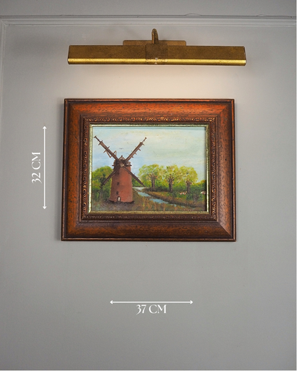 Vintage Oil Painting Windmill Landscape – Rural River Mill Scene