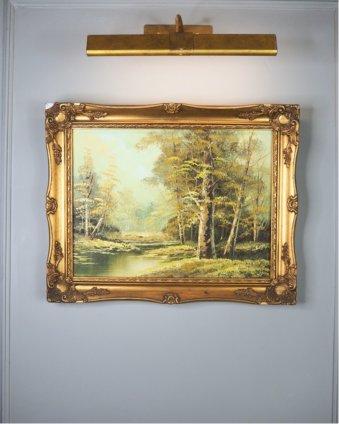 Vintage Mid-Century Oil Painting – Autumn Forest Landscape with Stream