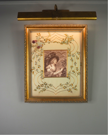 Antique Padded Silk-on-Silk Embroidery on Board in Ornate Gold Gilt Frame