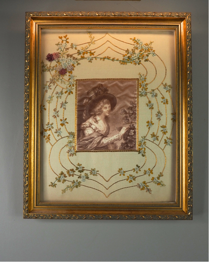 Antique Padded Silk-on-Silk Embroidery on Board in Ornate Gold Gilt Frame