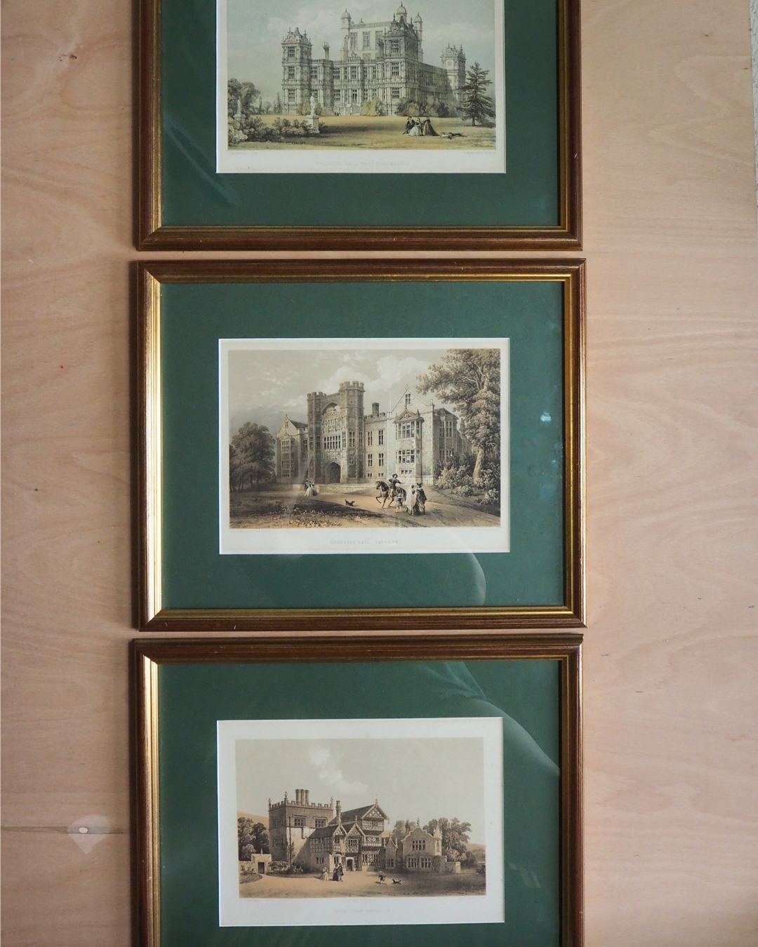 Antique Architectural Prints - Brereton Hall, Turton Tower & Wollaton Hall -English Country House Gallery Set