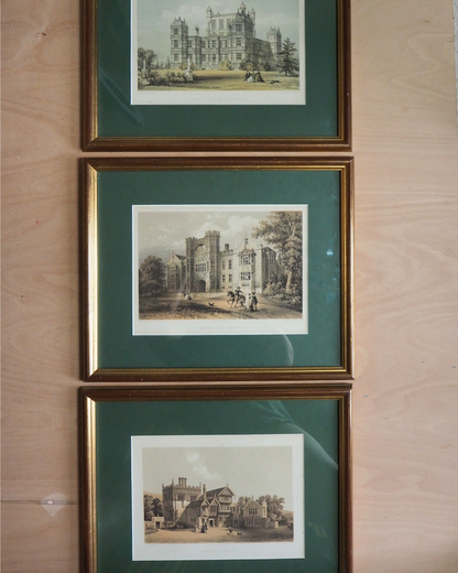 Antique Architectural Prints - Brereton Hall, Turton Tower & Wollaton Hall -English Country House Gallery Set