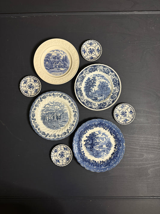 Vintage Kitchen Gallery Wall Set: Blue & White - Willow Style English Plates