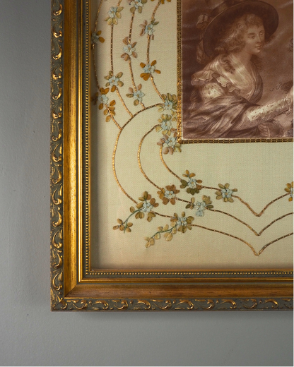 Antique Padded Silk-on-Silk Embroidery on Board in Ornate Gold Gilt Frame