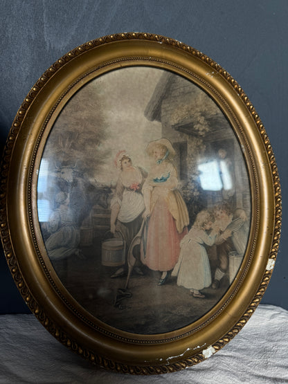 Vintage Hand-Coloured Artwork Stipple Engraving in Oval Giltwood Frame