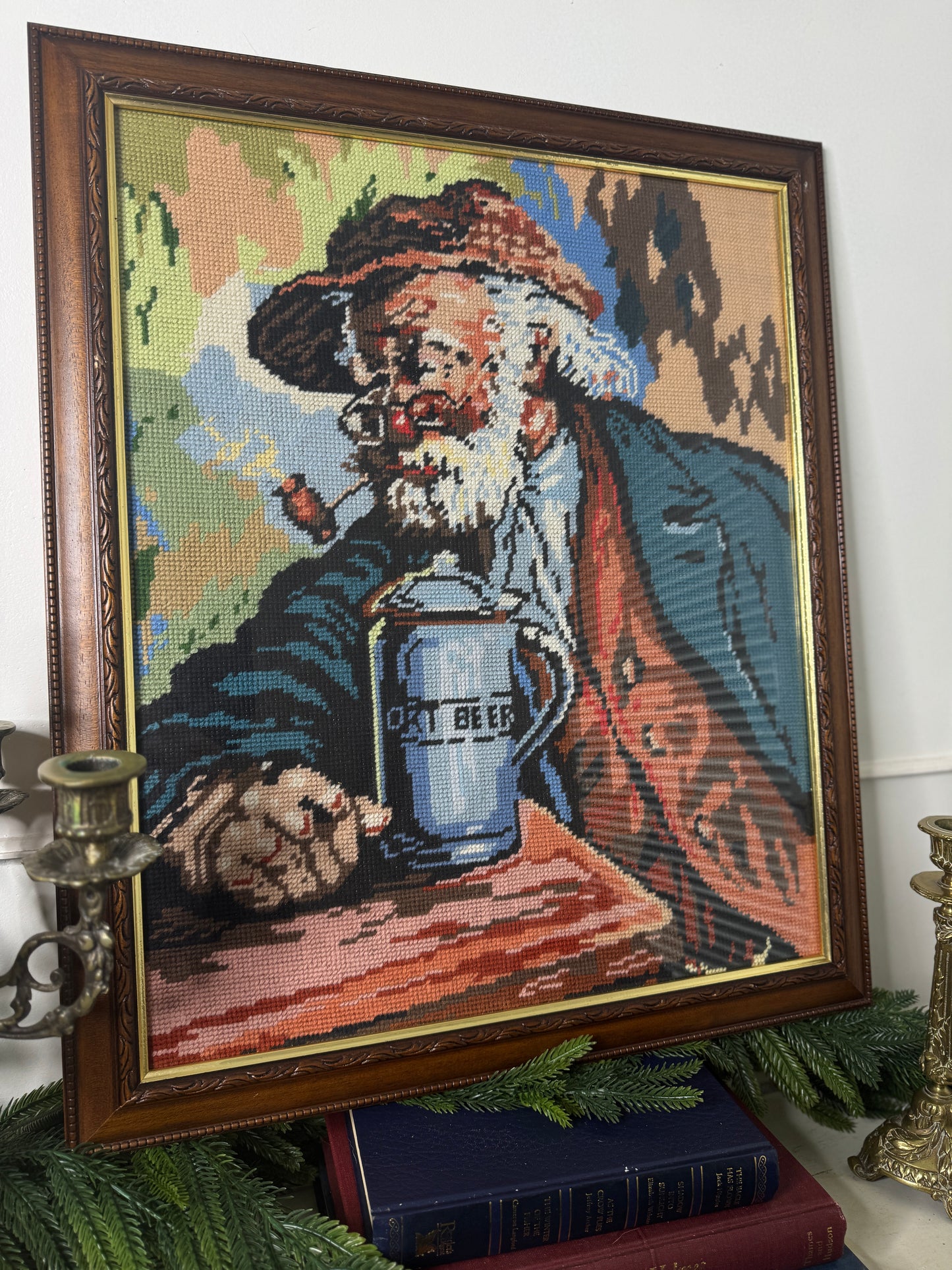 Hand-Stitched Gobelin Embroidery Art – Portrait of an Old Man with Beer