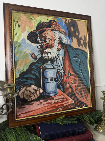 Hand-Stitched Gobelin Embroidery Art – Portrait of an Old Man with Beer