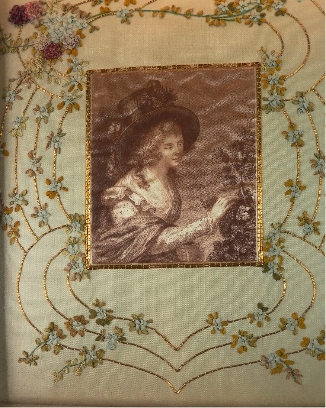 Antique Padded Silk-on-Silk Embroidery on Board in Ornate Gold Gilt Frame