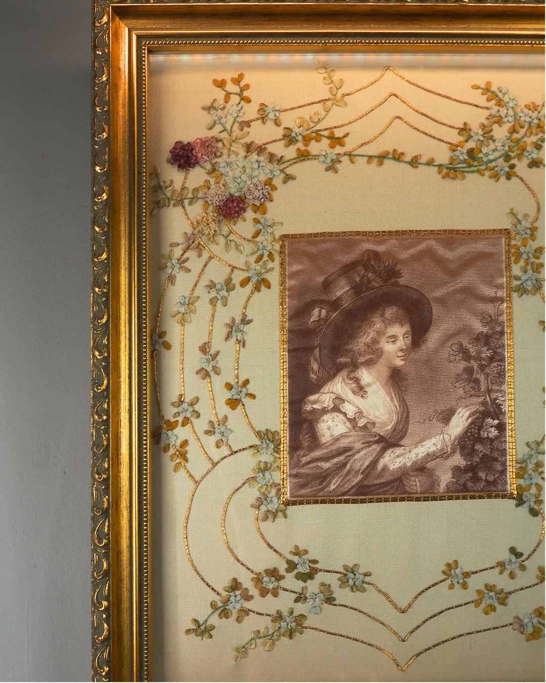 Antique Padded Silk-on-Silk Embroidery on Board in Ornate Gold Gilt Frame