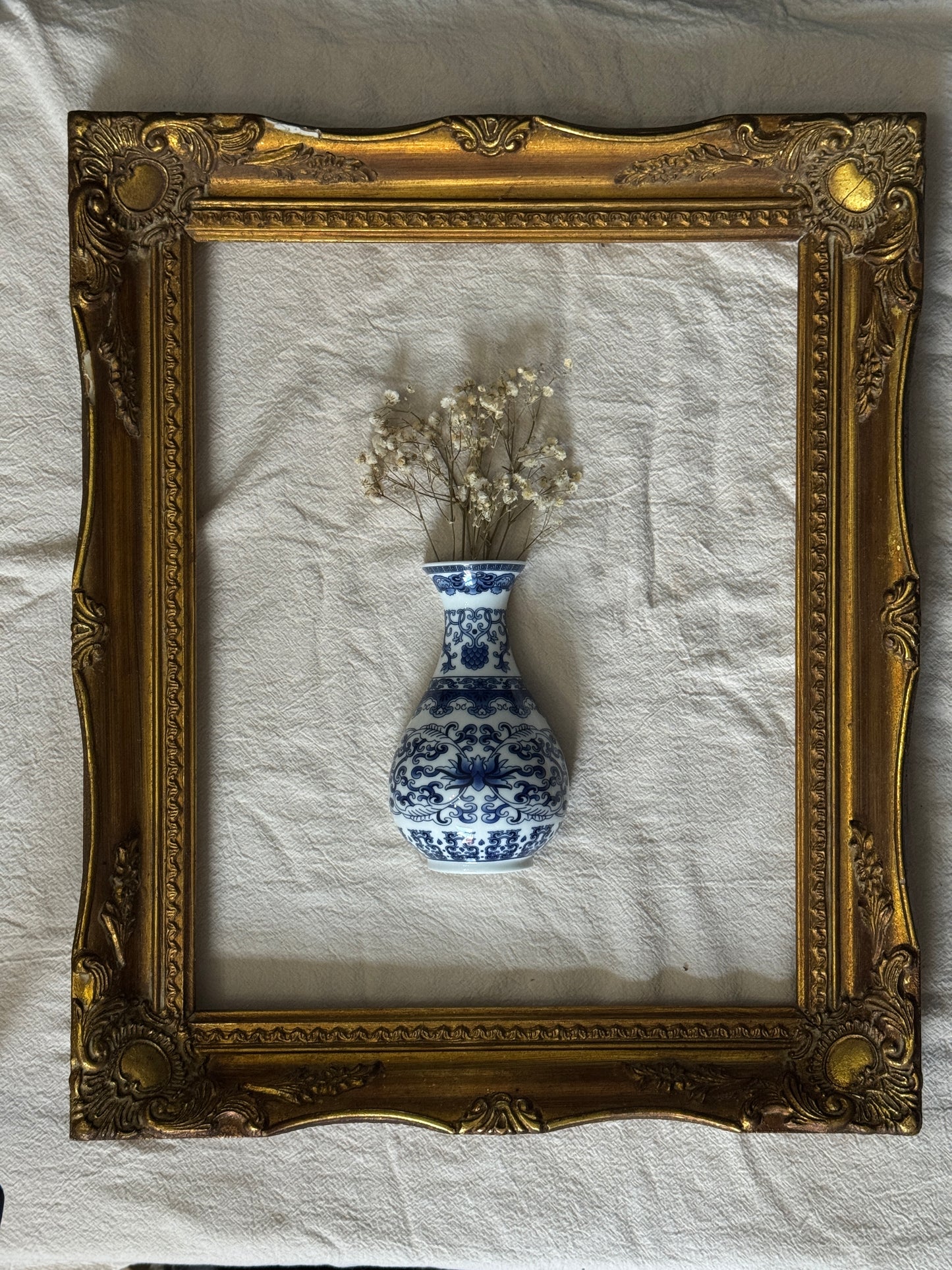 Vintage Gallery Wall Set | Gold Ornate Frame with Vase Trio & Dried Flowers | Decorative Wall Decor