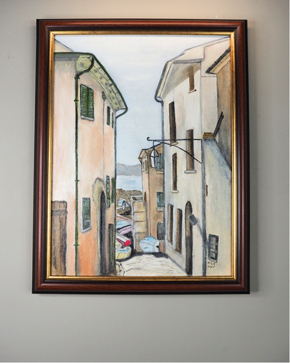 Boats at Rest – Vintage Coastal Village Scene Oil Painting by N.G. Reynolds