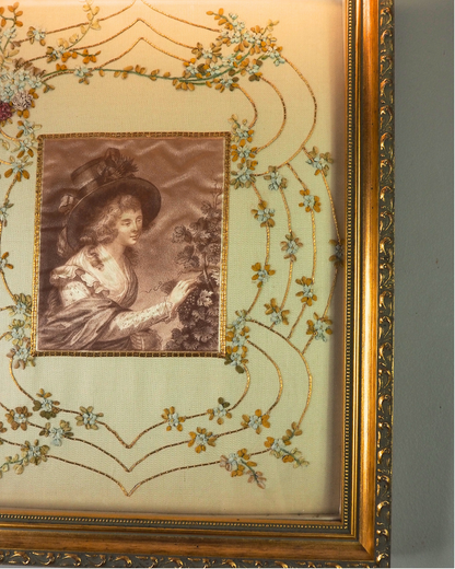 Antique Padded Silk-on-Silk Embroidery on Board in Ornate Gold Gilt Frame