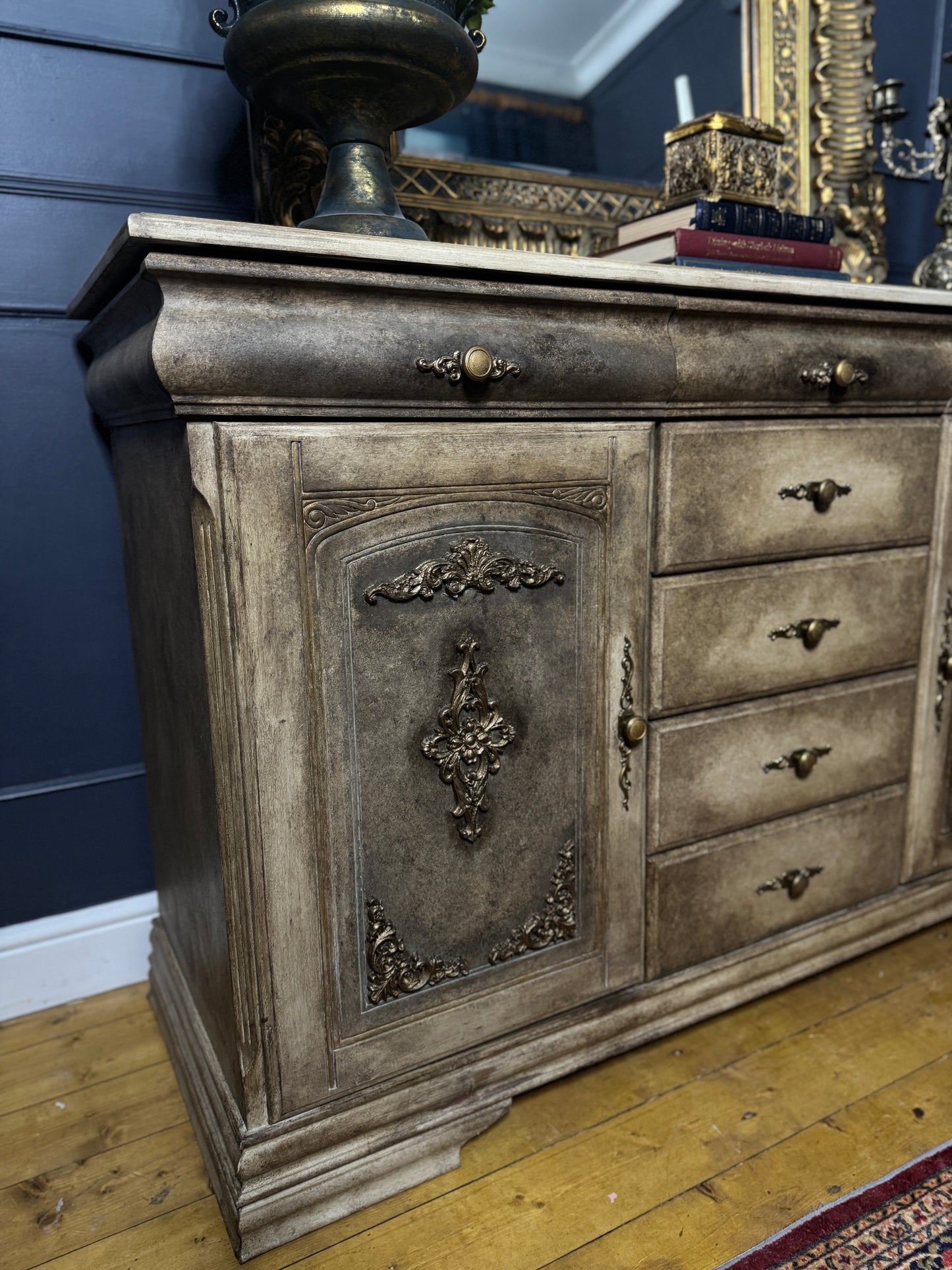Vintage French-Inspired Upcycled Sideboard | Heavily Distressed 7-Drawer + 2 Cabinet Buffet with Original Brass Handles