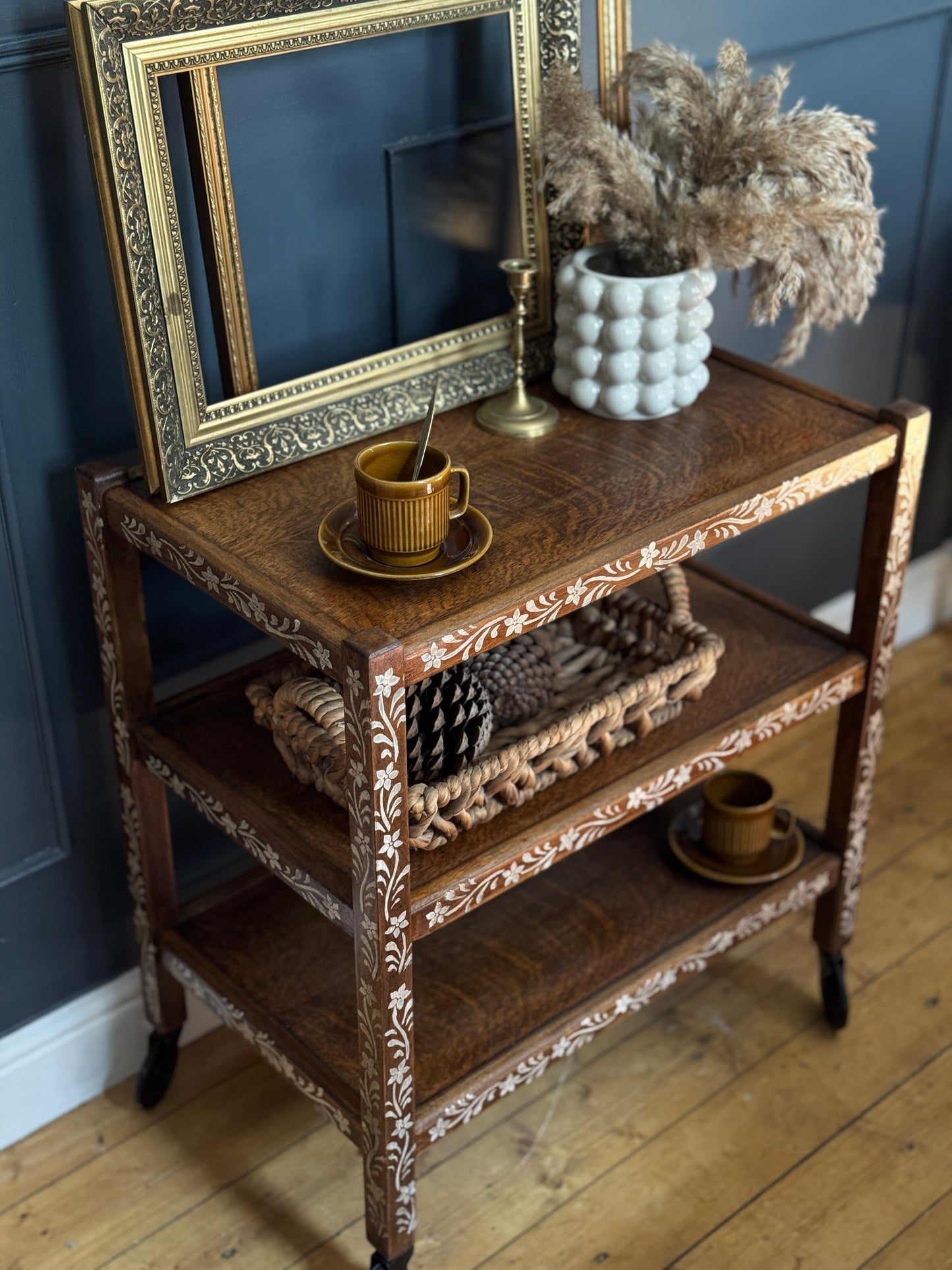 Upcycled Mid-Century Drinks Trolley | Hand-Painted Folk Art Bar Cart | Vintage Tea Cart with Wheels