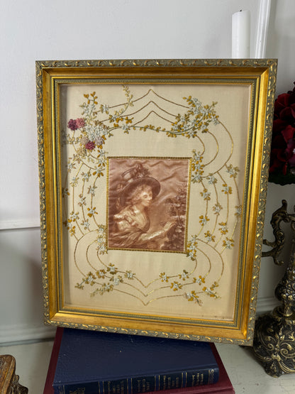 Antique Padded Silk-on-Silk Embroidery on Board in Ornate Gold Gilt Frame