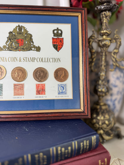 Vintage Coin & Stamp Collection in Glazed Wooden Display Frame