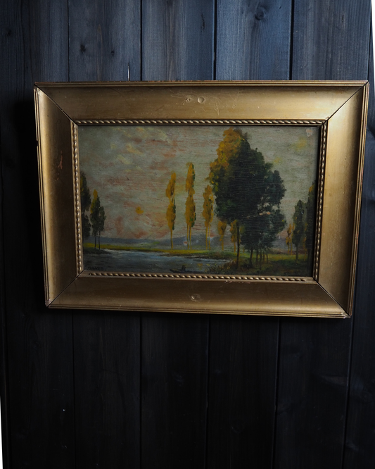 Antique Dark Landscape Oil Painting French Style Windswept Trees